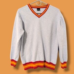 Sarar Unisex Light Blue Colorblock Striped 100% Wool V-Neck Sweater Preppy